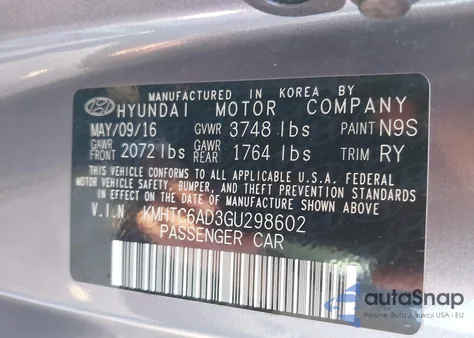 2016 Hyundai Veloster из США, поврежденный, VIN KMHTC6AD3GU298602